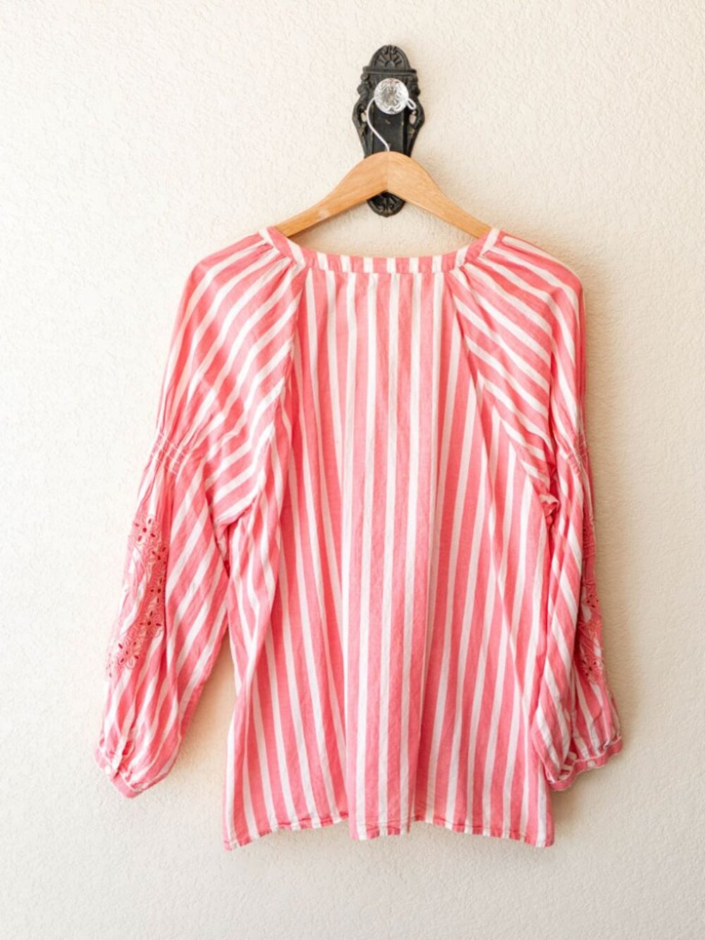 St. John's Bay XL Pink White Stripe Peasant Top Cotton Tassel Boho Embroidered - Picture 9 of 13